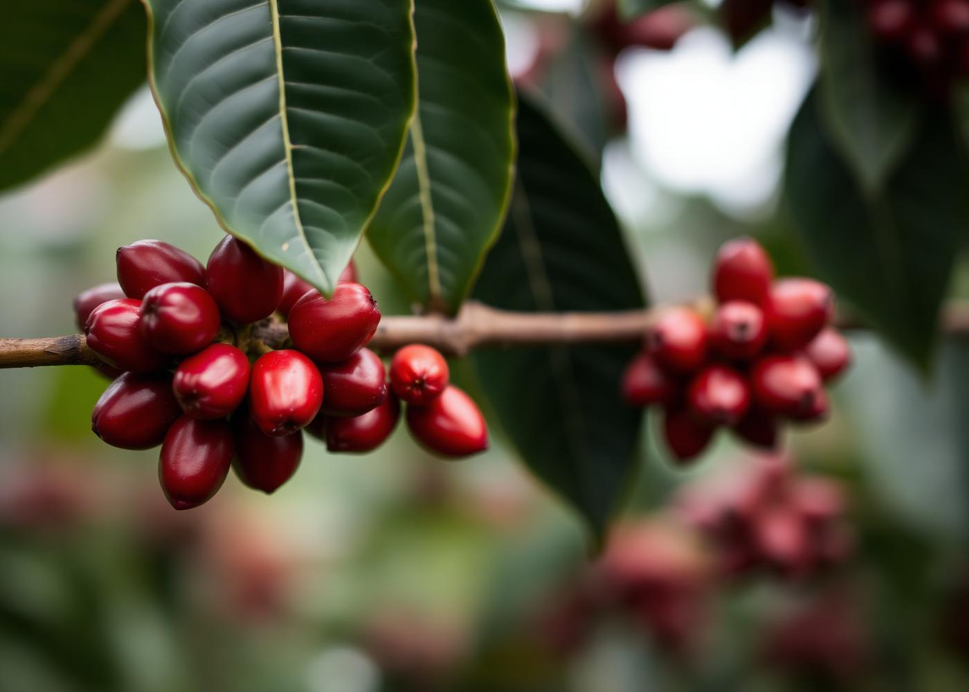 Ripe coffee cherries on the branch at a Kenyan farm