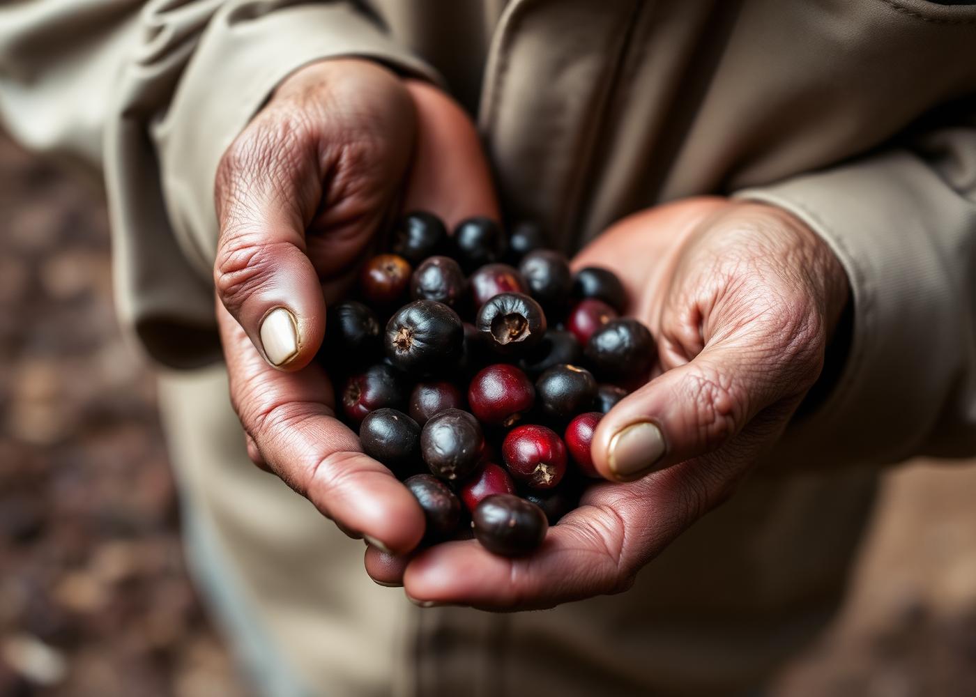 Hands holding freshly picked coffee cherries
