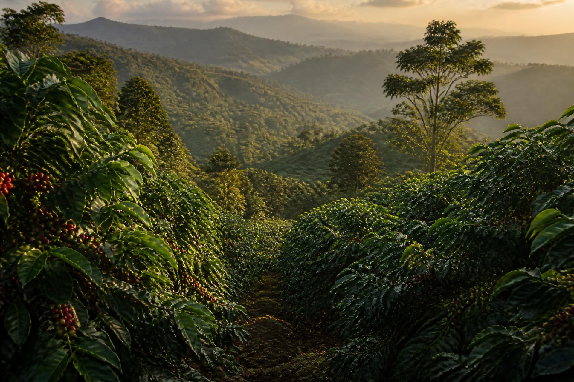Coffee trees on a Kenyan highland ridge at first light